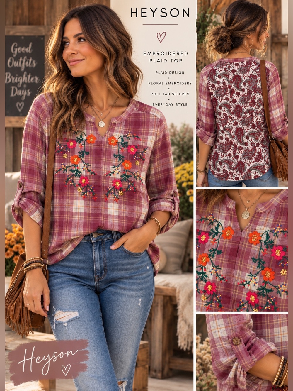 NWT Heyson Embroidered Plaid Tunic Top in Rose Pink w Paisley Back design